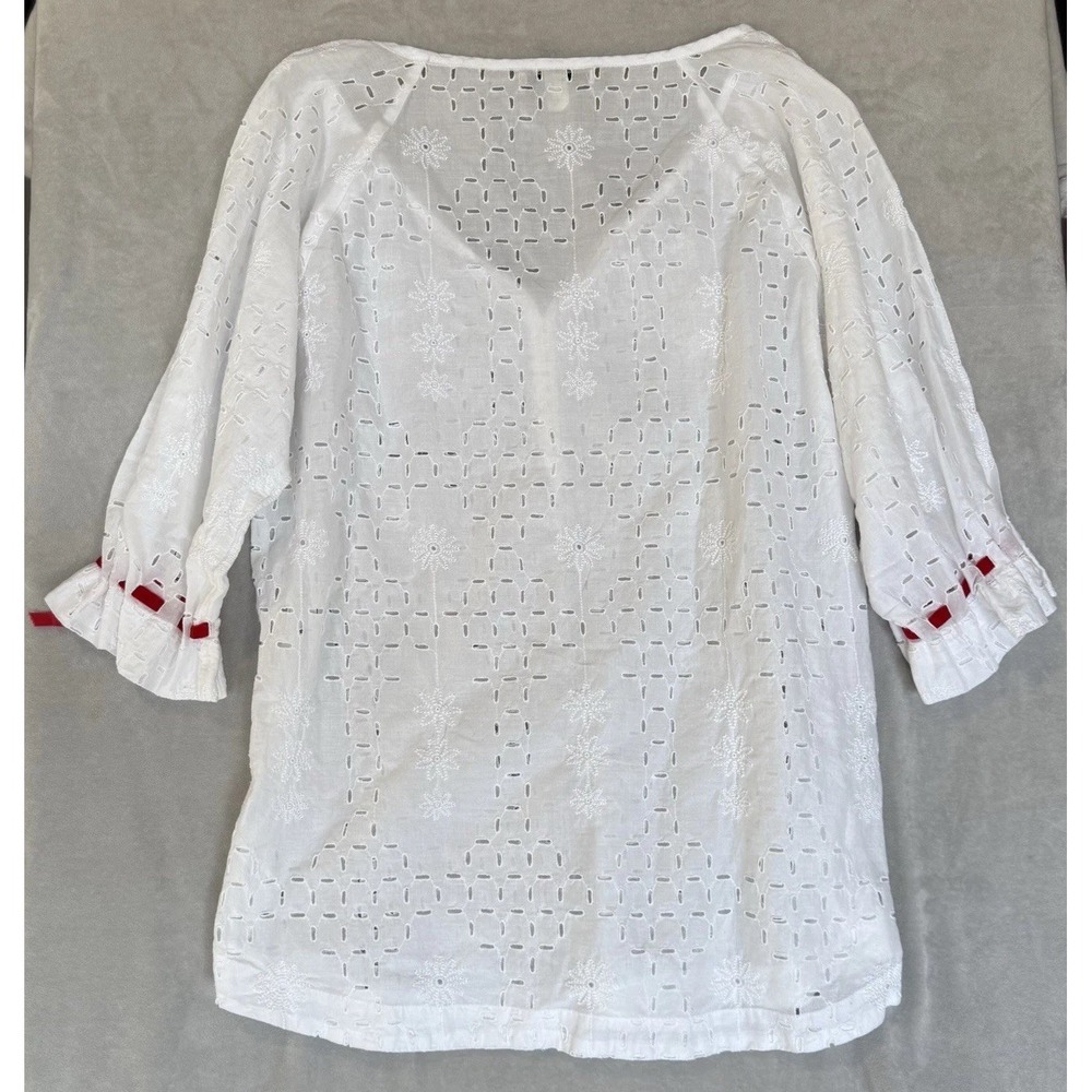 Banana Republic Shirt White Cotton Eyelet Large Dainty Peasant Red Velvet Trim - Picture 7 of 7